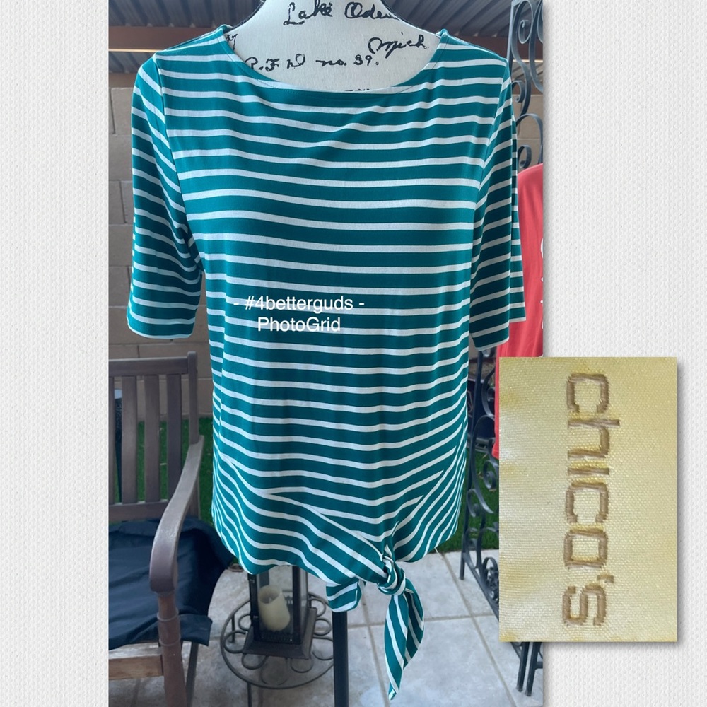 Chicos Emerald Green & White Striped Tie Front Short Sleeve Shirt Size 1 = M 8